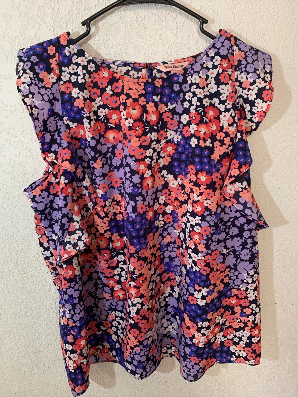 Juicy Couture Purple Floral Ruffle Sleeve Top with Coral Accents